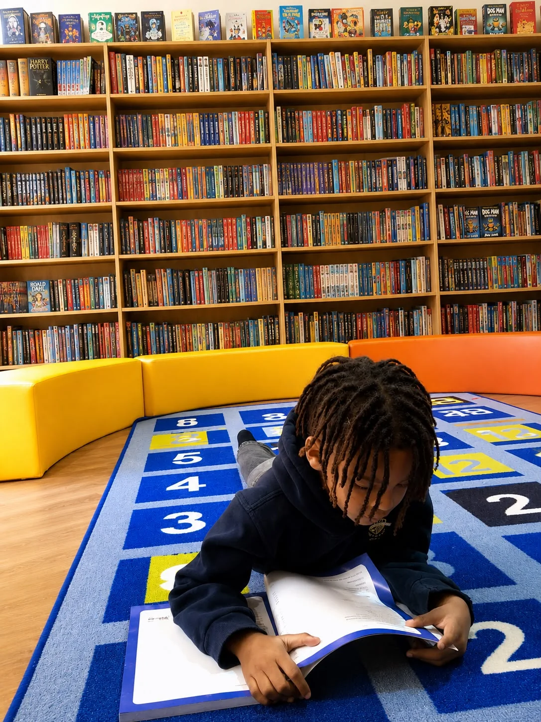 A Primary School student reading in the SBG Academy library
