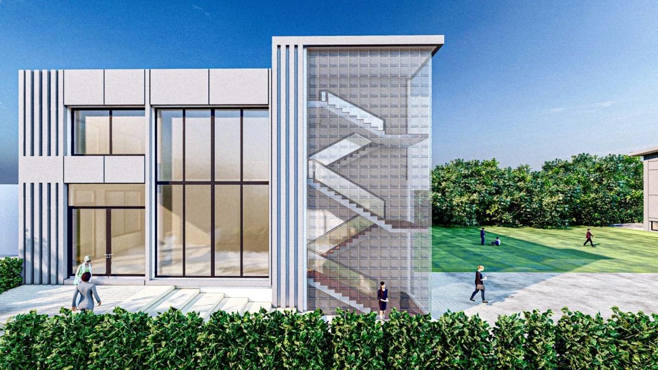 Architectural visualisation of the future academic building front